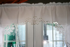 Cherry Blossoms Cutwork embroidery flowers and lace trim Teardrop valance.