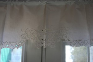 Cherry Blossoms Cutwork embroidery flowers and lace trim valance.