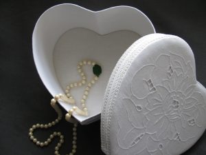 Wedding White Cut work Embroidery and Lace trim Heart Shape Hat Box- a bridal Carry-All 