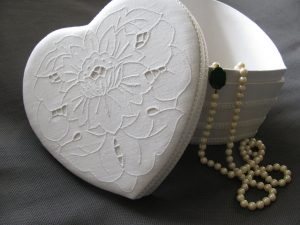 Wedding White Cut work Embroidery and Lace trim Heart Shape Hat Box- a bridal Carry-All 