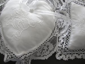 Tuscany Lace Heart shaped Wedding Ring Bearer Pillow with detailed hand embroidered Chrysanthemum