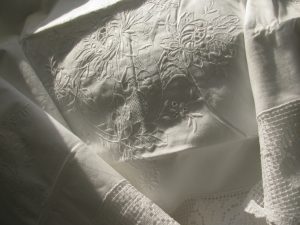 Tuscany Lace bedding with fine needle embroidered Chrysanthemums & foliage.