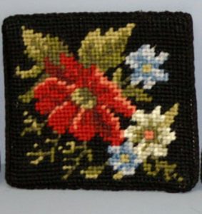 Needlepoint Square Tea Coasters 100% Wool hand stitched Gros Point Tapestry-Black Floral Design #2