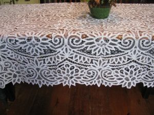 Hand crafted collectibles : Battenburg Sunflower all over lace tablecloth with brides & bars spider webs & lace rings.