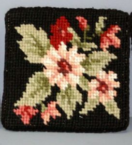 Needlepoint Square Tea Coasters 100% Wool hand stitched Gros Point Tapestry-Black Floral Design #3