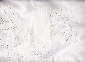Queen Anne's Lace Punch Work embroidered large tablecloth is easy care Cotton and Polyester blend. White or Ecru.