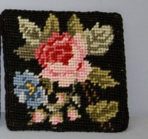 Needlepoint Square Tea Coasters 100% Wool hand stitched Gros Point Tapestry-Black Floral Design #4
