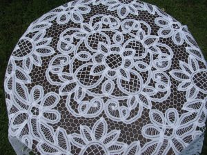 Beautifully handmade full Battenburg Lace tablecloth Lotus Design in natural fibre cotton rich thread.