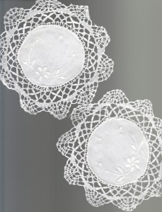 Hand made Cluny Lace with Satin Stitches hand embroidered details in doily and runners. Natural fibre cotton rich fabric.