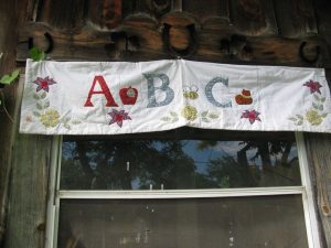 ABC valance to brighten baby room or Nursery beautifully embroidered A apple B bee C cat