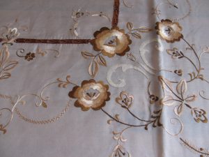 Exceptional Vintage pure silk round tablecloth embroidered in variable shades of bronze colour silk thread. 