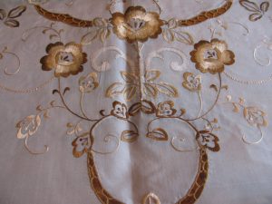 Exceptional Vintage pure silk round tablecloth embroidered in variable shades of bronze colour silk thread.