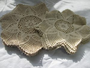 Crochet Lace doily 12in+14in available for sale renamed Ansel Adams - Mrs. Dennis Shimizu, photographed at Manzanar internment camp.