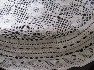 White Crochet Lace 24in table topper available for sale renamed Ansel Adams - Mrs. Dennis Shimizu, photographed at Manzanar internment camp.