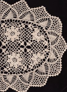 Oval shaped Crochet Lace doily available for sale renamed Ansel Adams - Mrs. Dennis Shimizu, photographed at Manzanar internment camp.