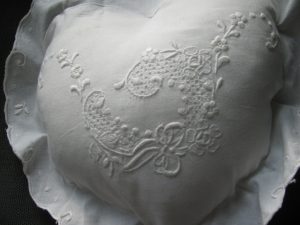 Exquisite Hand Embroidery gives this heart shaped cushion an elegant DIY Ring Bearer Pillow