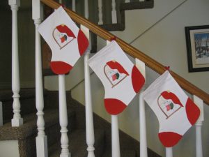 Vintage Cheerful Appliqué stocking. Hand stitched by master, an incredible 18-20 stitches per inch. 