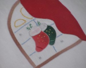 Vintage Cheerful Appliqué stocking. Hand stitched by master, an incredible 18-20 stitches per inch. 