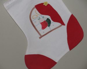 Vintage Cheerful Appliqué stocking. Hand stitched by master, an incredible 18-20 stitches per inch. 