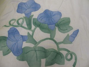 Applique Blue Morning Glories Botanical Garden Quilt with embroidered flower petals.