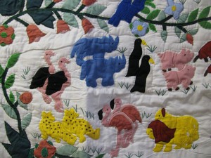 Noah's Ark and the boarding in pairs of animals contour hand quilted throw. 