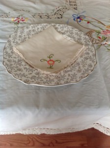 Basket of Roses is hand embroidered with a beautiful Crochet Lace edge. Easy care Cotton & Polyester blend.
