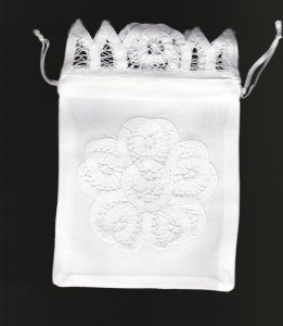 Battenburg Lace drawstring sachet bags in pure and white colour