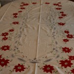 Classic Red Poinsettia appliqué on pure white cotton fabric with Battenburg Lace is the crown jewel of large size table setting this holiday season for a very affordable budget.