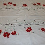 Classic Red Poinsettia appliqué on pure white cotton fabric with Battenburg Lace is the crown jewel of large size table setting this holiday season for a very affordable budget.