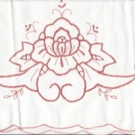 An old time favourite- Regal peony- in Old Rose colour of Cutwork Embroidery on Natural Fibre Cotton Rich pillow cases. Old Rose colour Embroidery on White. Queen size.