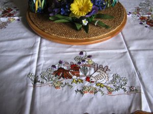 Chicken Family Folk Art inspired embroidered tablecloth