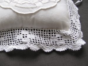 Crochet Lace trim Wedding Ring Bearer Pillow with detailed Cutwork embroidery 