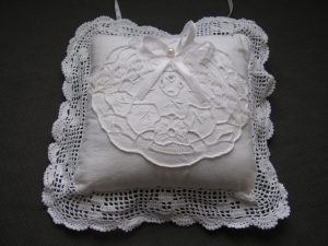 Crochet Lace trim Wedding Ring Bearer Pillow with detailed Cutwork embroidery