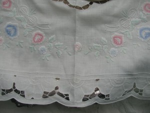 Pure Linen Cutwork and White work embroidered Rose Bouquet in Pink & Blue colours.