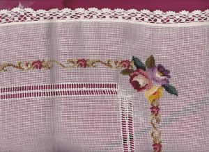Exquisite unusual Petit Point runner using tiny tent needlepoint stitches to create greater details. Crocheted lace trim & Hardanger Embroidery.