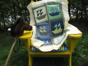 Baby hand quilted SAILBOAT Yellow-Apple Green-and-Blue with contour hand quilting/