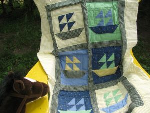 Baby hand quilted SAILBOAT Yellow-Apple Green-and-Blue with contour hand quilting/