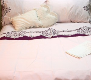 Elite Battenburg Lace bed shset set: Blush Pink colour.