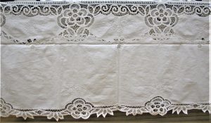 It is All in the Details accent hand embroidery in Satin Stitches throughout the tablecloth. Designed to augment the hand crafted Lace Bars, Lace Brides and elaborate Lace Rings, Lace webs,