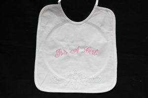 Battenburg Lace Baby Bib is so elegantly simple for baby name & birth details be embroidered