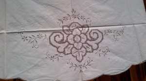 Vintage Grey Drawn Thread Embroidered table cloth