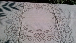 Vintage Grey Drawn Thread Embroidered table cloth