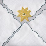 Classic Gold Poinsettia Appliqué on Cotton rich Bun Cover adds a fine touch to a perfect Gold Poinsettia tablecloth.