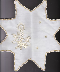 A unique & elegant doily shaped as a star. Beautifully embroidered Golden Moments Ribbon is an elegant & unique decor this holiday season. Limited quantities. 2 sizes.