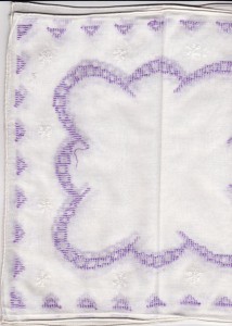 Purple Heirloom hand stitching embroidered handkerchief for heirloom keepsake.