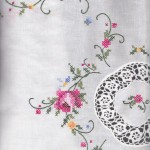 A brilliant rendition of Royal Albert Moss Rose china pattern in cross stitched runner.