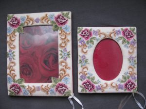 Vintage Elegant Picture Frame Petit Point hand stitched Victorian Roses.