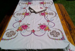 Punto in Aria -Stitches in Air- Venetian Lace & Cross stitched Roses tablecloth.