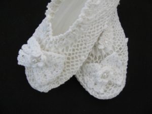 Pearls & Irish Roses White Fine Cotton handmade Crochet Lace Slippers. Child size -Adult Medium