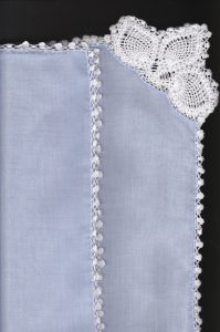 Something Blue for wedding cotton handkerchief with Pineapple Crocheted lace corner and picoted edge.